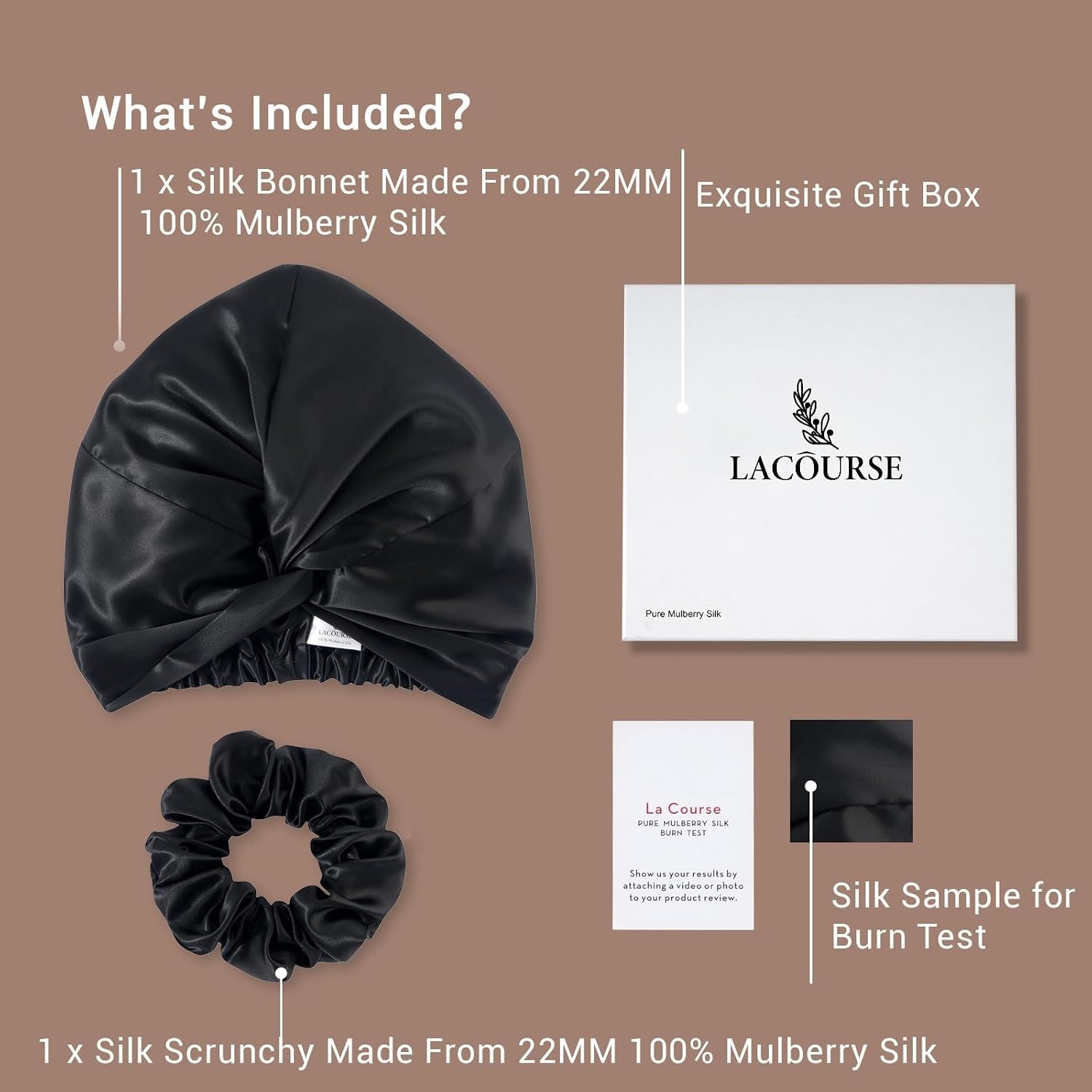Black 22 Momme Double Layer Mulberry Silk Bonnet with Matching Scrunchie, detail view