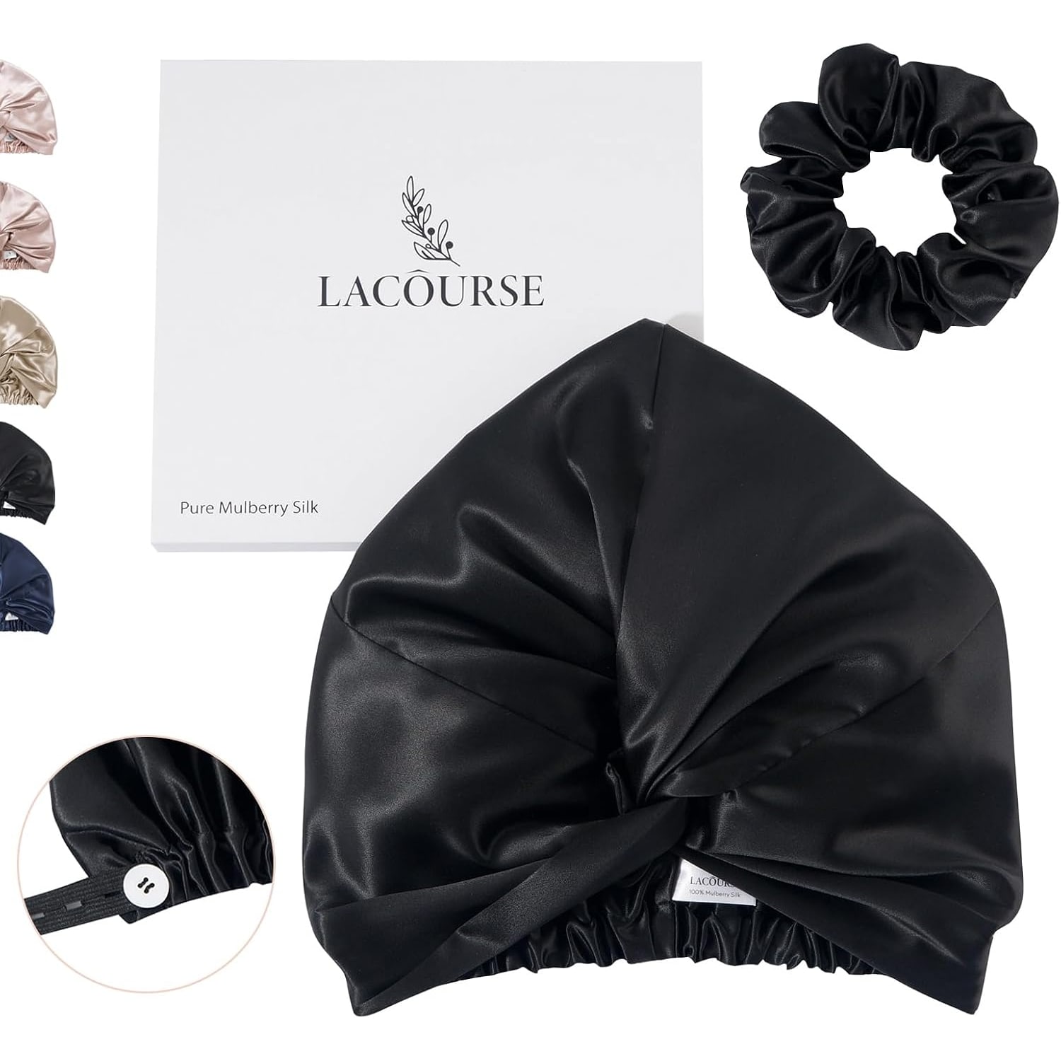 Black 22 Momme Double Layer Mulberry Silk Bonnet with Matching Scrunchie, from Mulberry Silk Company
