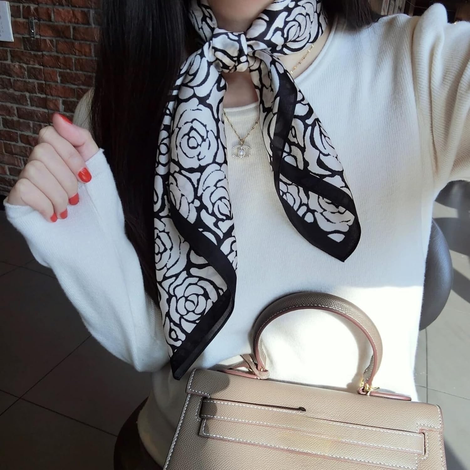 Black and Cream Rose Print Silk Scarf 66cm