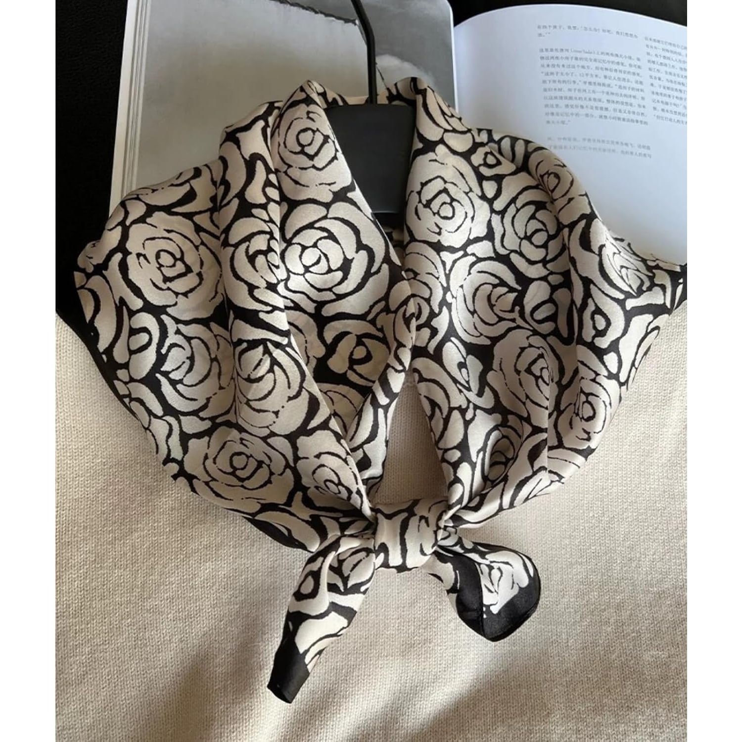 Black and Cream Rose Print Silk Scarf 66cm