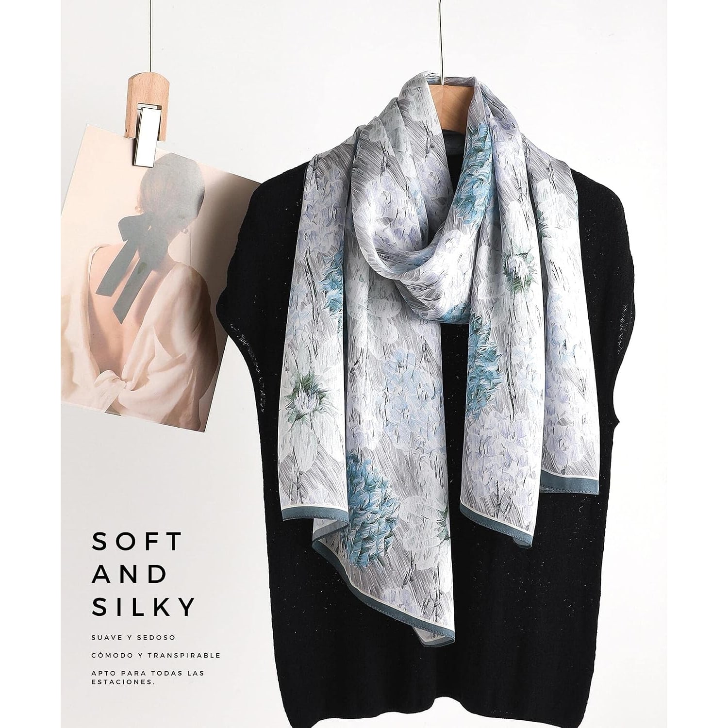 Hydrangea Print Long Silk Scarf 173cm