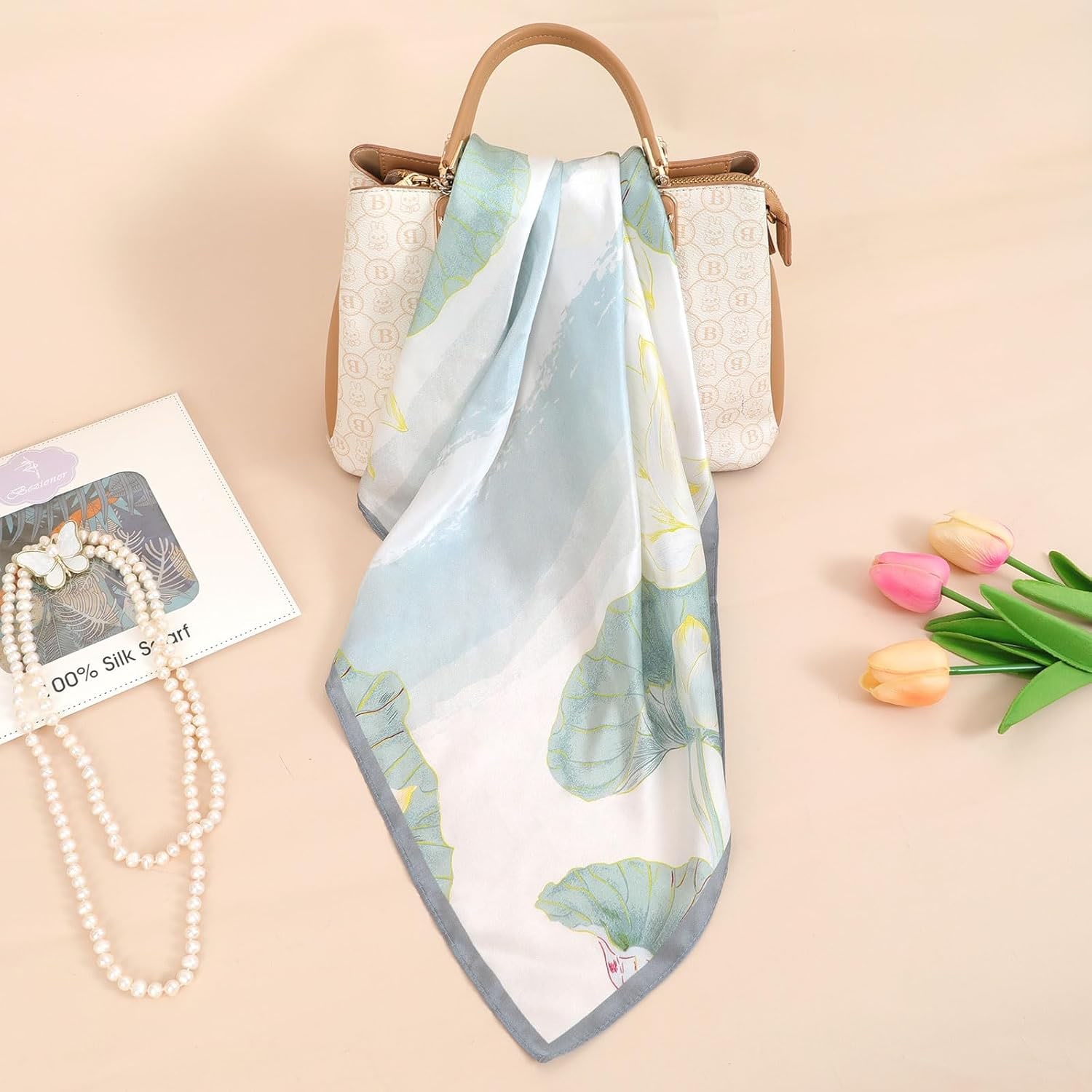 Light Blue Floral Mulberry Silk Head Scarf 68cm: image 3