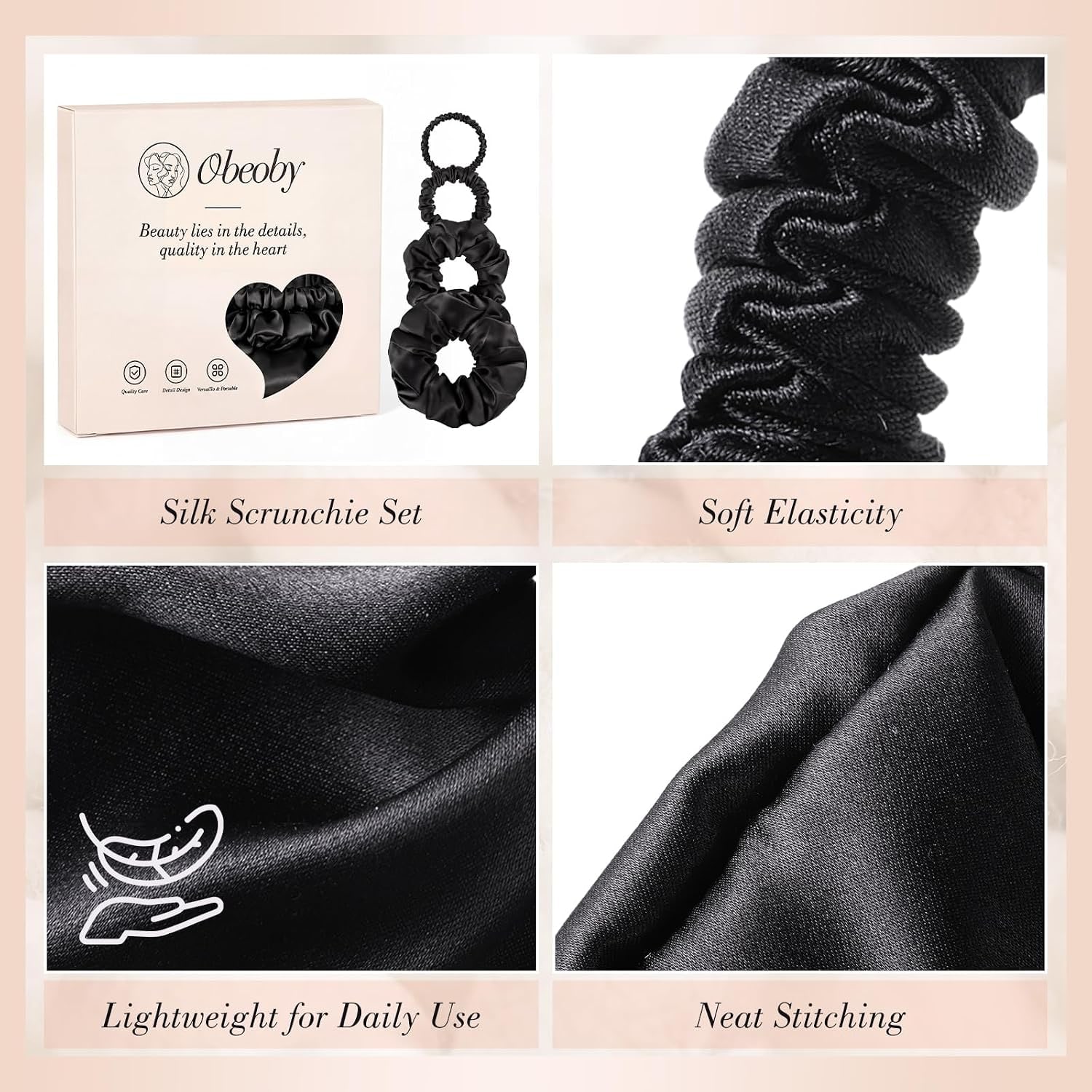 Black Mulberry Silk Hair Ties, 4 Pack: image 4