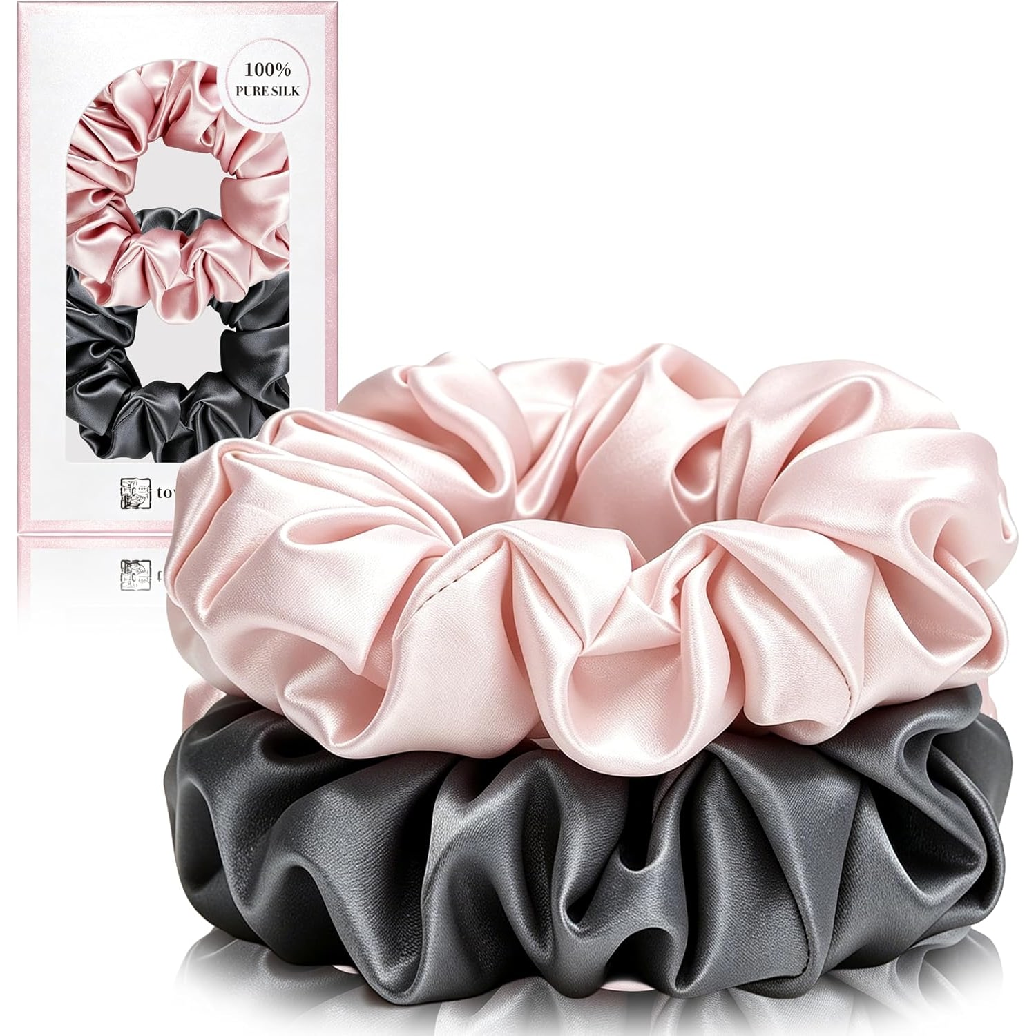 Large 22 Momme Mulberry Silk Scrunchies, 2 Pack in Dark Grey and Pink