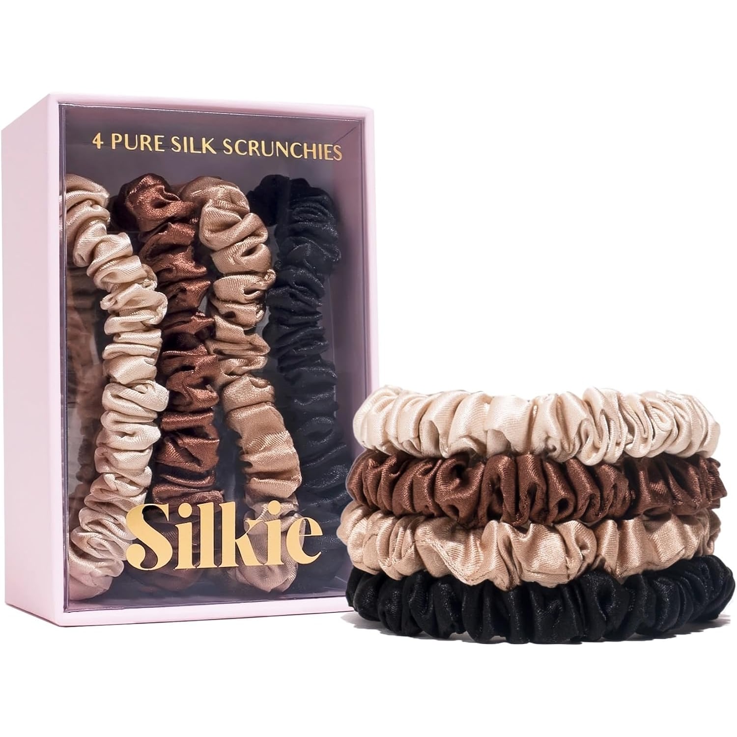 Skinny Mulberry Silk Scrunchies, 4 Pack in Neutral Shades